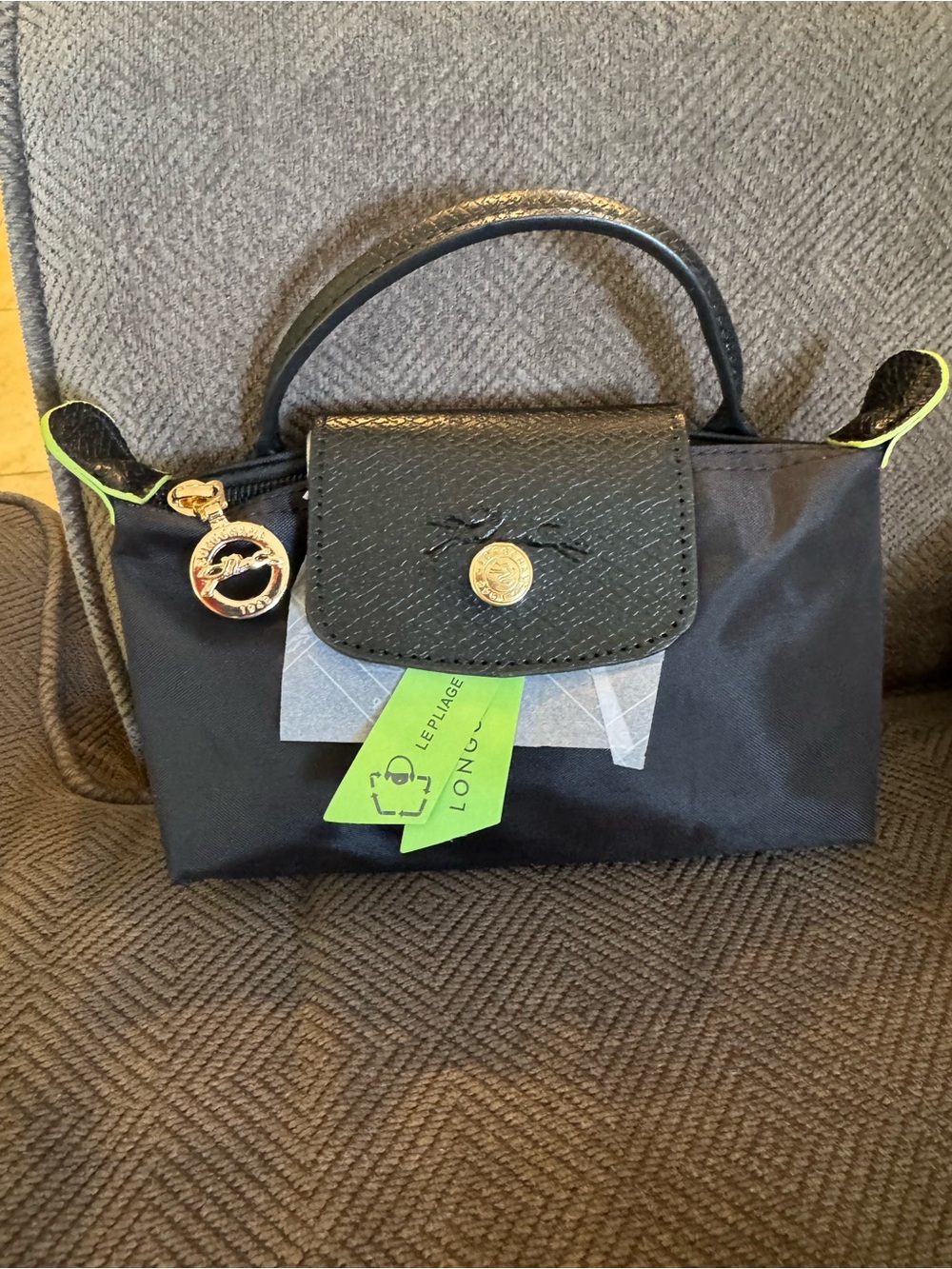 Longchamp Black Nylon Mini Bag with Neon Green Trim